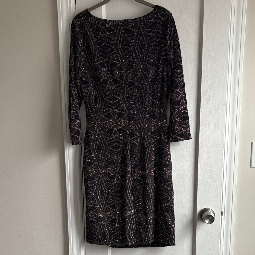 Anne Klein Black and Brown Patterned Long Sleeve Dress